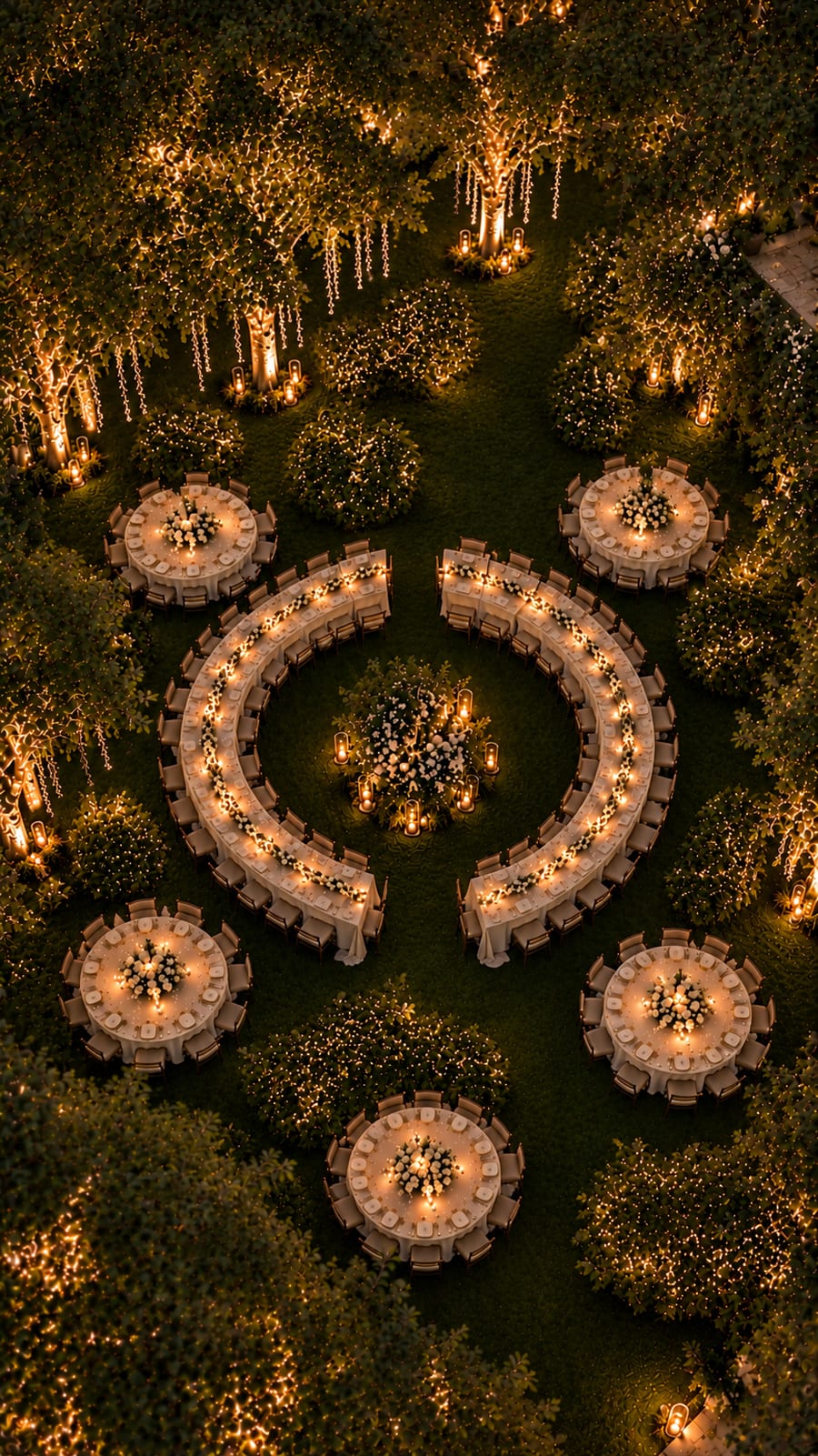Aerial view of an illuminated wedding banquet in a garden
