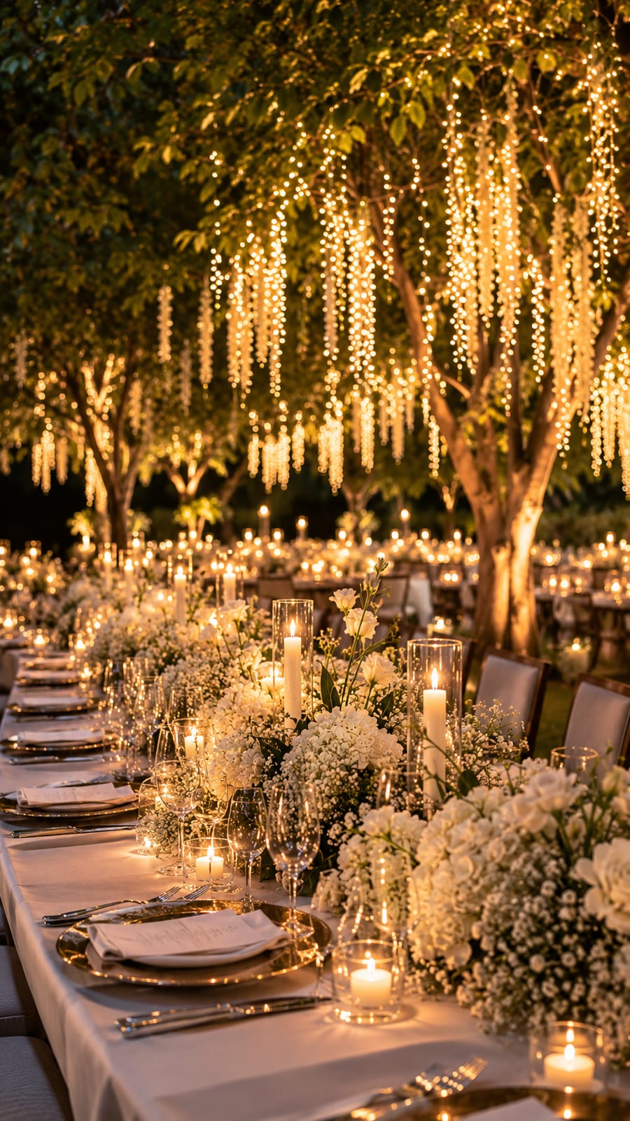 Wedding table with candles and flowers under hanging lights